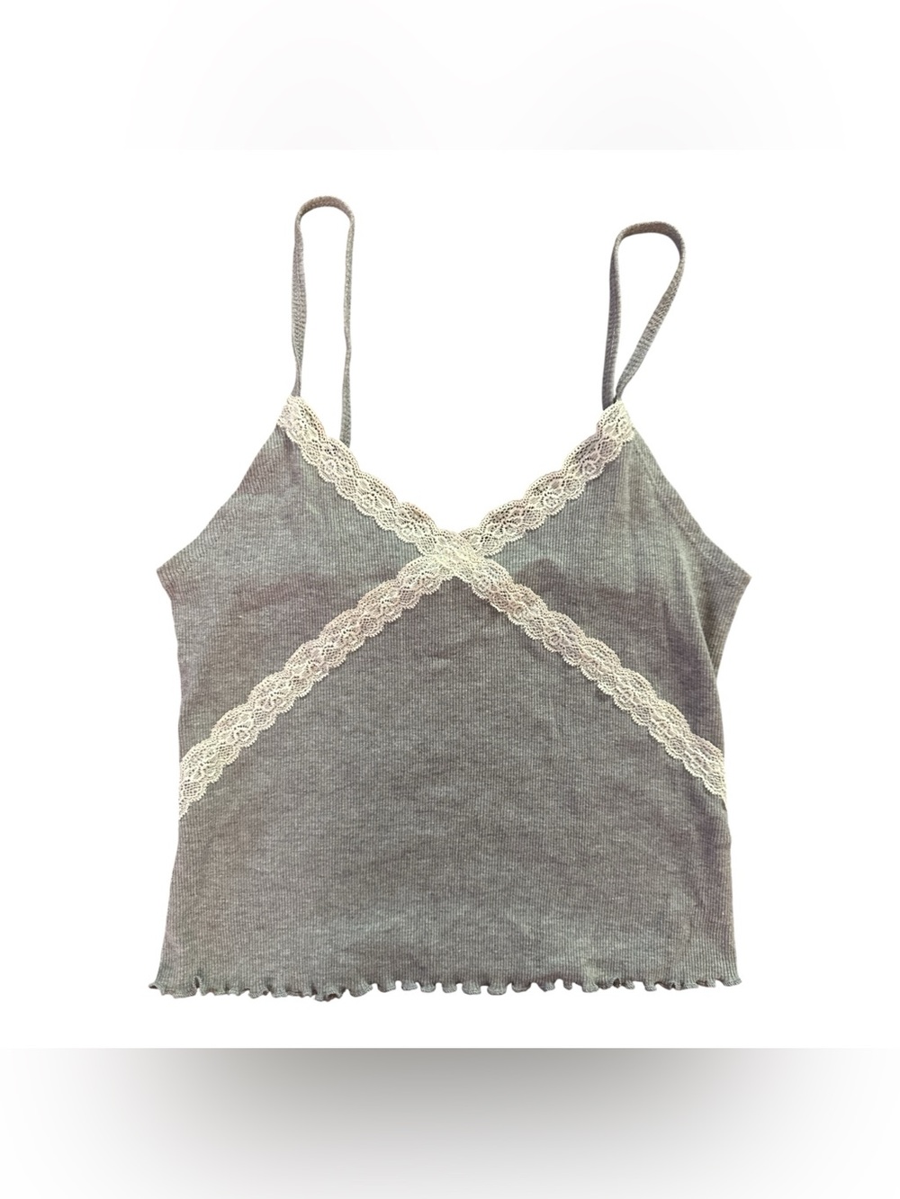 Topshop Gray Lace-Trim Ribbed Cami Size  8 Y2K Casual Lacey Tank Top Medium